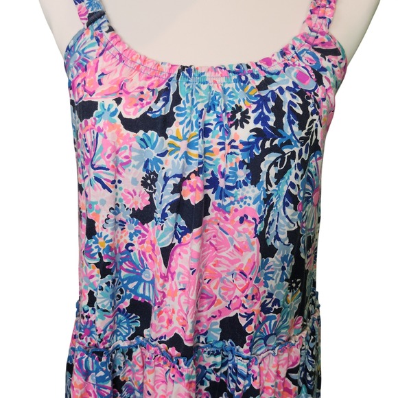 Lilly Pulitzer Pink Blue Floral Turtle Tiered Cotton Mini Sun Dress XS - Picture 3 of 8